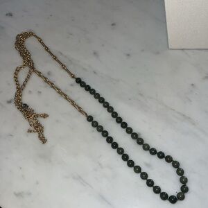 Mark Edge Vintage Jade Knotted Beads 24 kt.  Plated gold chain 59”   Like new.